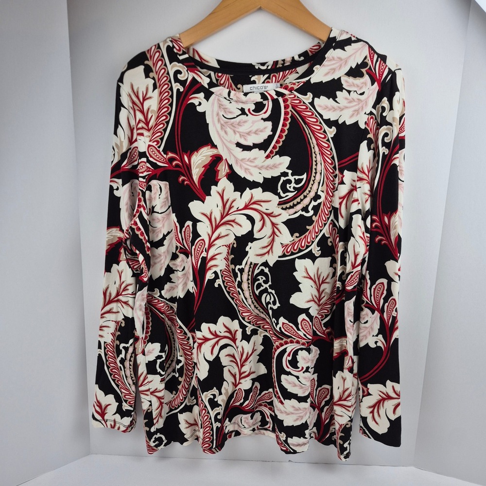Chico's Women XL Size 3 Paisley Floral Long Sleeve Top Black Red Cream Jersey